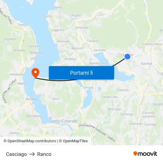 Casciago to Ranco map