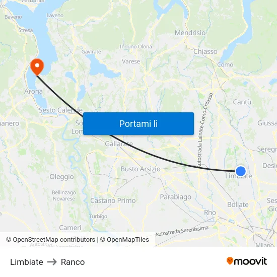 Limbiate to Ranco map