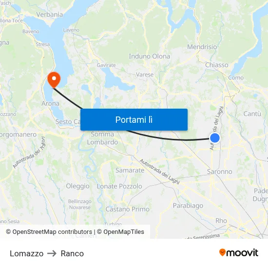 Lomazzo to Ranco map