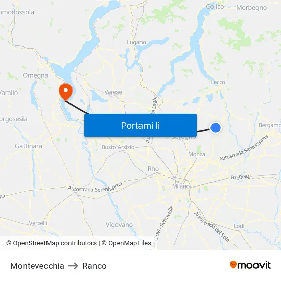 Montevecchia to Ranco map