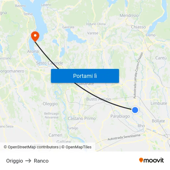 Origgio to Ranco map