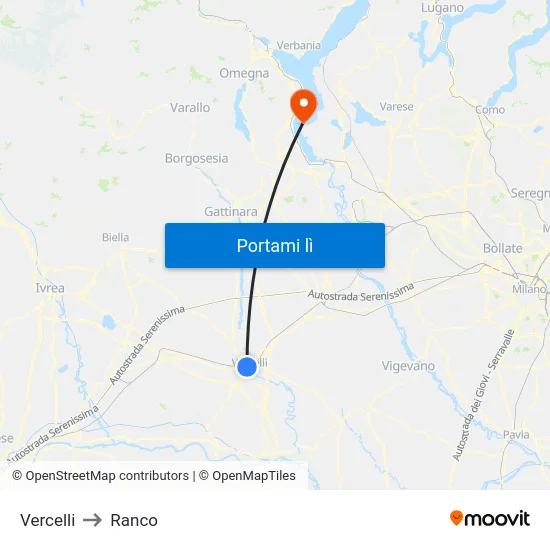 Vercelli to Ranco map