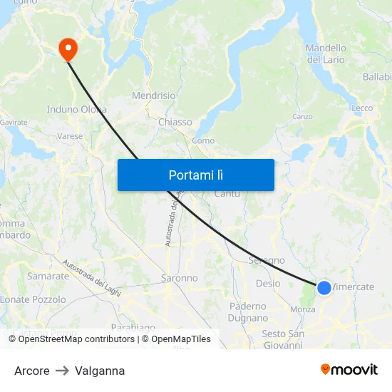 Arcore to Valganna map