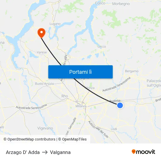 Arzago D' Adda to Valganna map