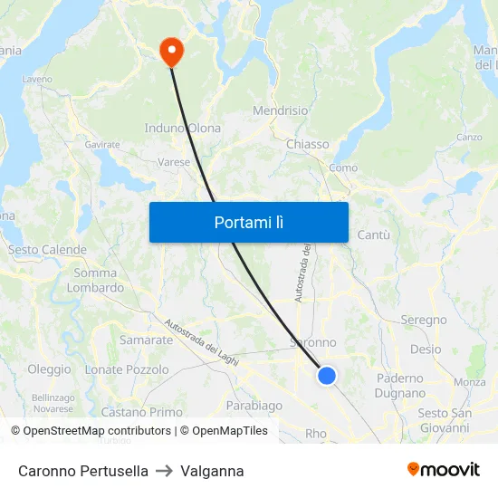 Caronno Pertusella to Valganna map