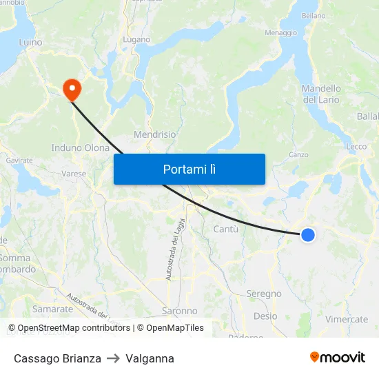 Cassago Brianza to Valganna map