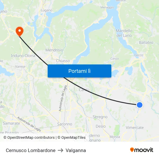 Cernusco Lombardone to Valganna map