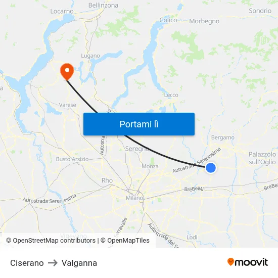 Ciserano to Valganna map