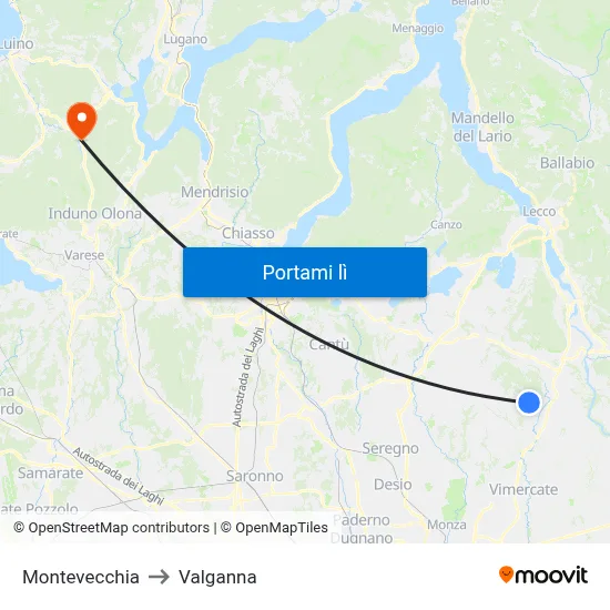 Montevecchia to Valganna map