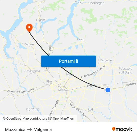 Mozzanica to Valganna map