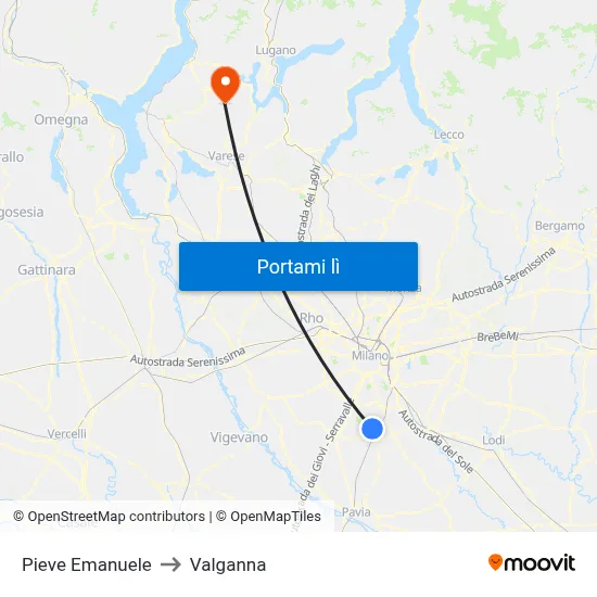 Pieve Emanuele to Valganna map