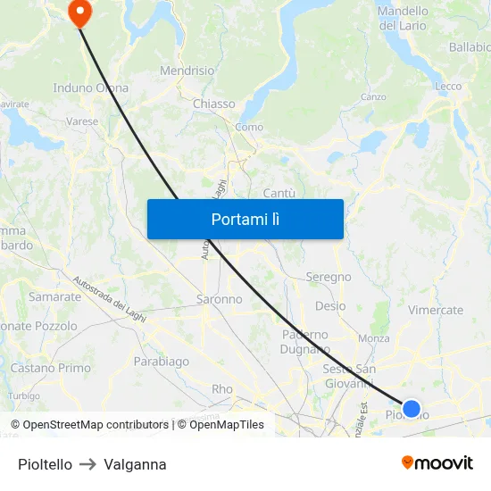 Pioltello to Valganna map