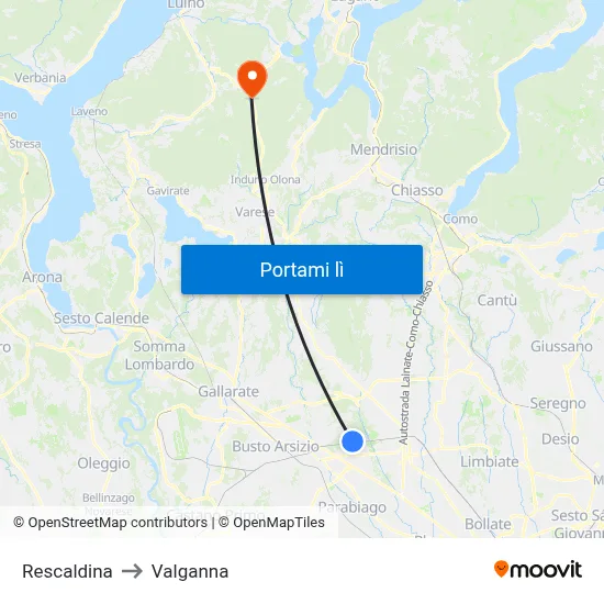 Rescaldina to Valganna map