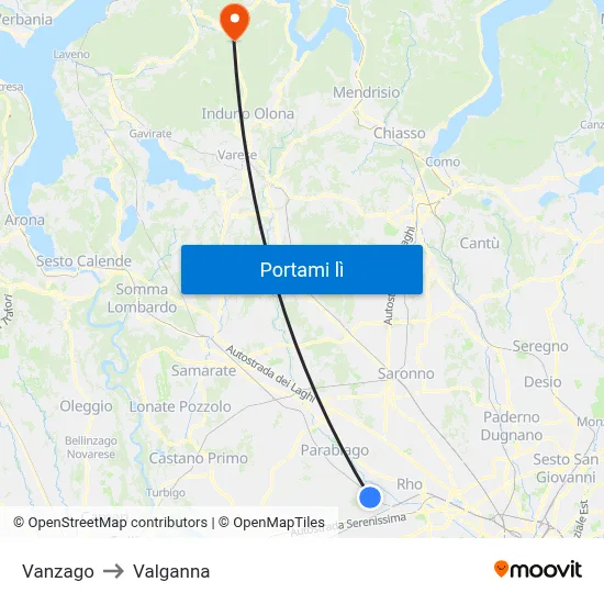 Vanzago to Valganna map