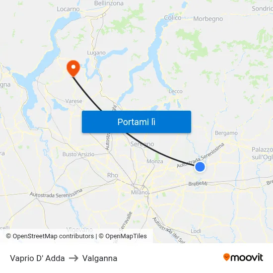Vaprio D' Adda to Valganna map