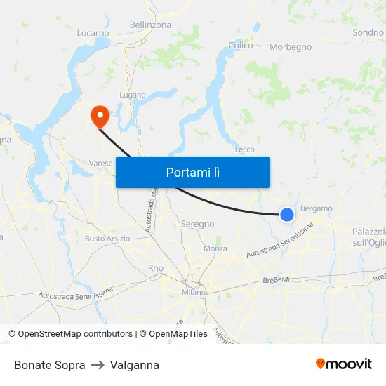 Bonate Sopra to Valganna map