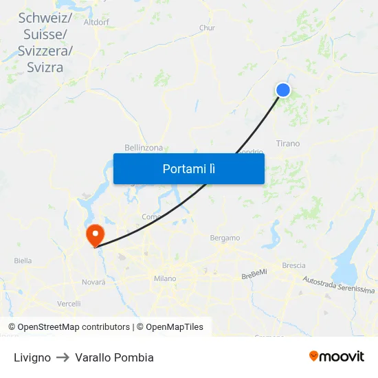 Livigno to Varallo Pombia map