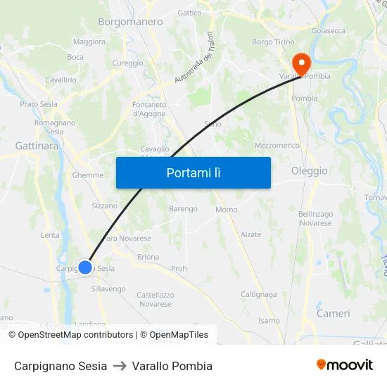 Carpignano Sesia to Varallo Pombia map