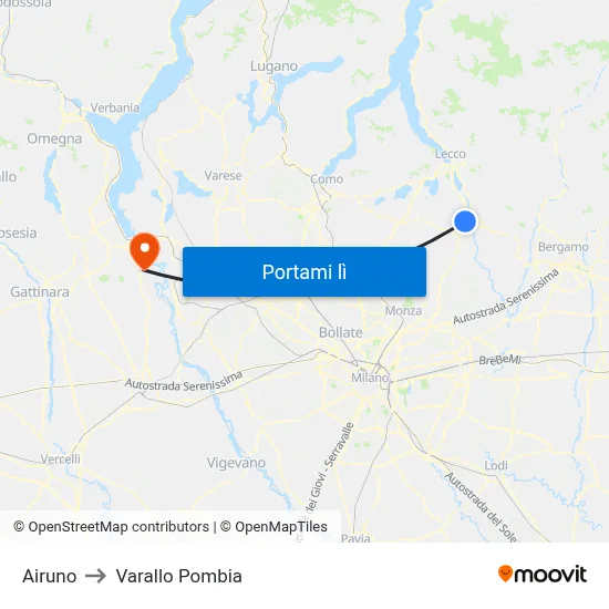 Airuno to Varallo Pombia map