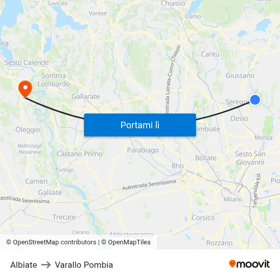Albiate to Varallo Pombia map