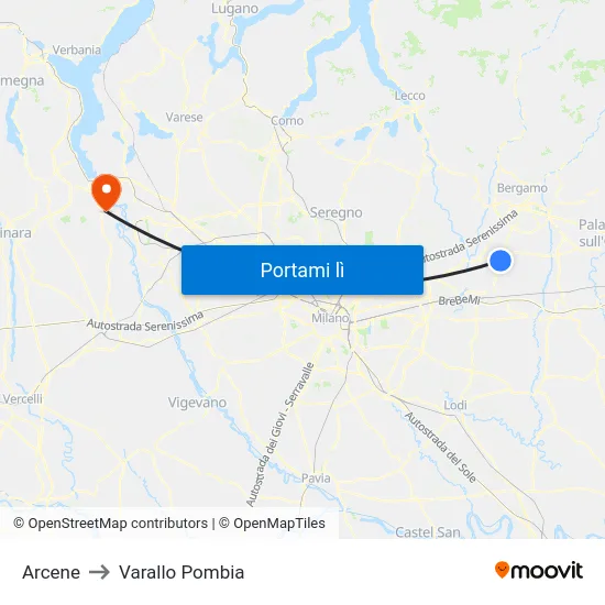 Arcene to Varallo Pombia map