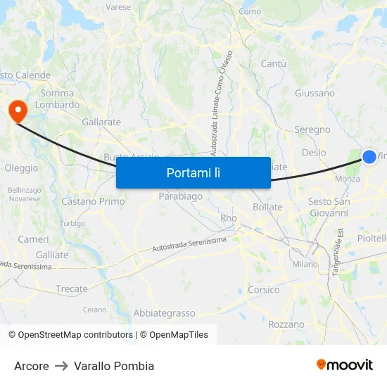 Arcore to Varallo Pombia map