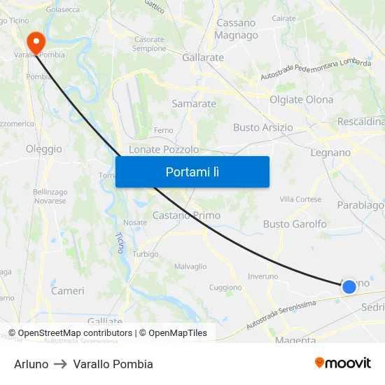Arluno to Varallo Pombia map