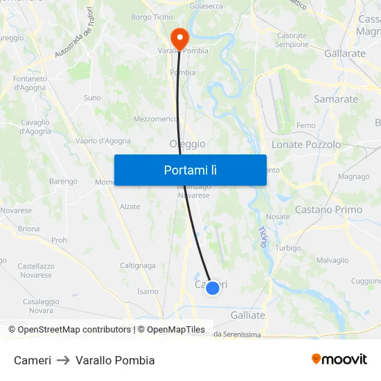 Cameri to Varallo Pombia map
