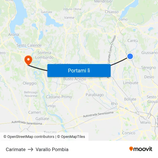 Carimate to Varallo Pombia map