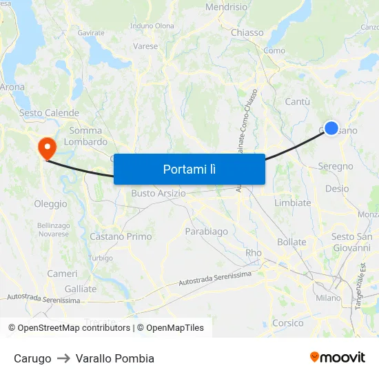 Carugo to Varallo Pombia map