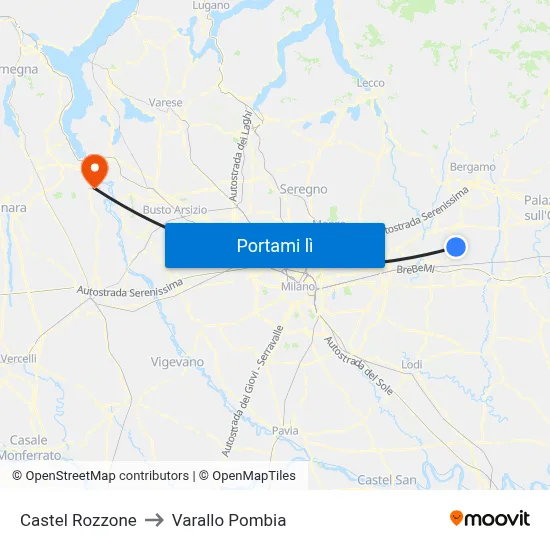 Castel Rozzone to Varallo Pombia map