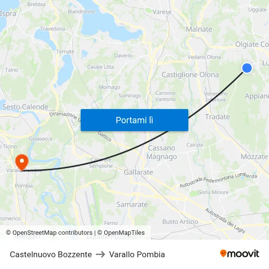 Castelnuovo Bozzente to Varallo Pombia map