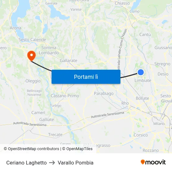 Ceriano Laghetto to Varallo Pombia map