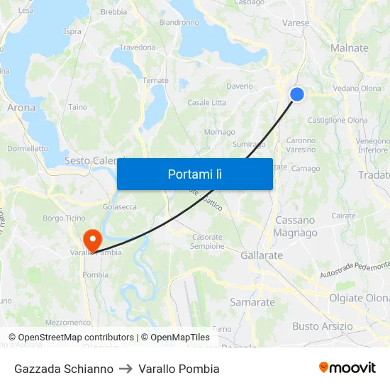 Gazzada Schianno to Varallo Pombia map