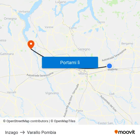 Inzago to Varallo Pombia map