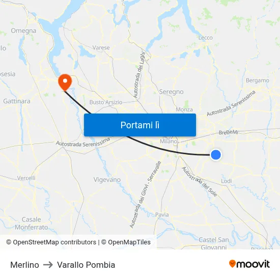 Merlino to Varallo Pombia map