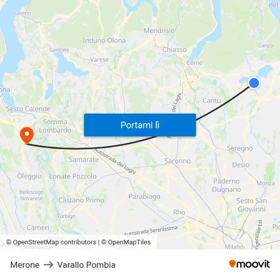 Merone to Varallo Pombia map
