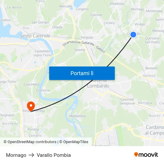 Mornago to Varallo Pombia map