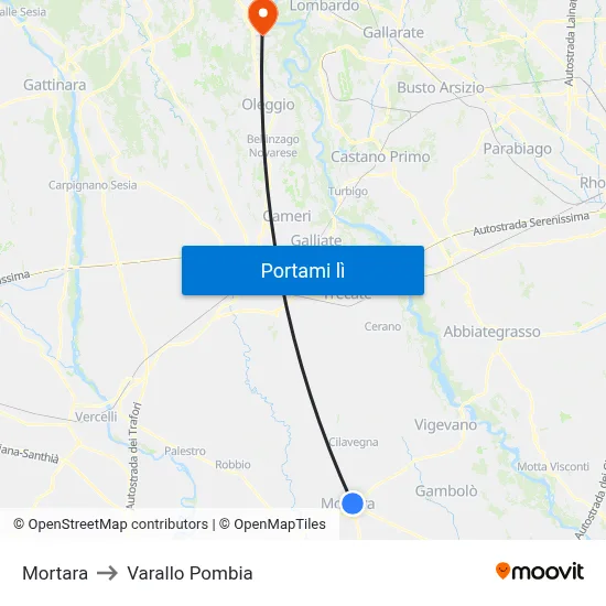 Mortara to Varallo Pombia map