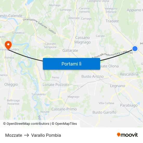 Mozzate to Varallo Pombia map