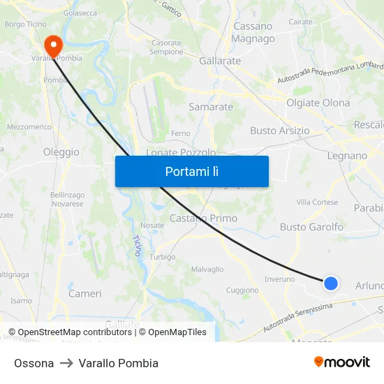 Ossona to Varallo Pombia map