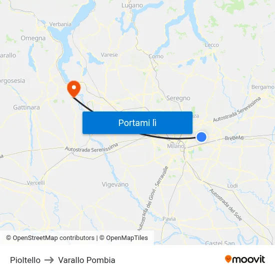 Pioltello to Varallo Pombia map
