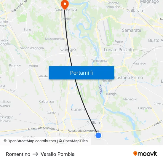 Romentino to Varallo Pombia map