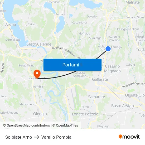 Solbiate Arno to Varallo Pombia map