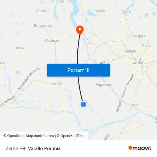 Zeme to Varallo Pombia map