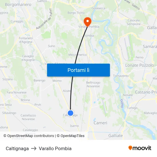 Caltignaga to Varallo Pombia map