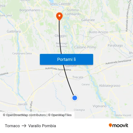 Tornaco to Varallo Pombia map