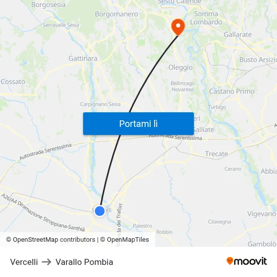 Vercelli to Varallo Pombia map