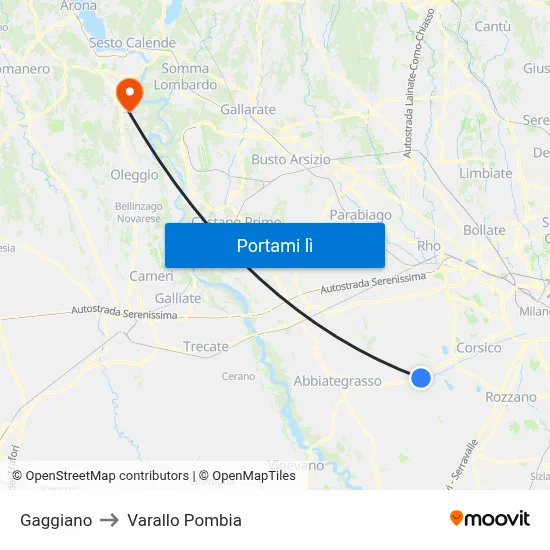 Gaggiano to Varallo Pombia map