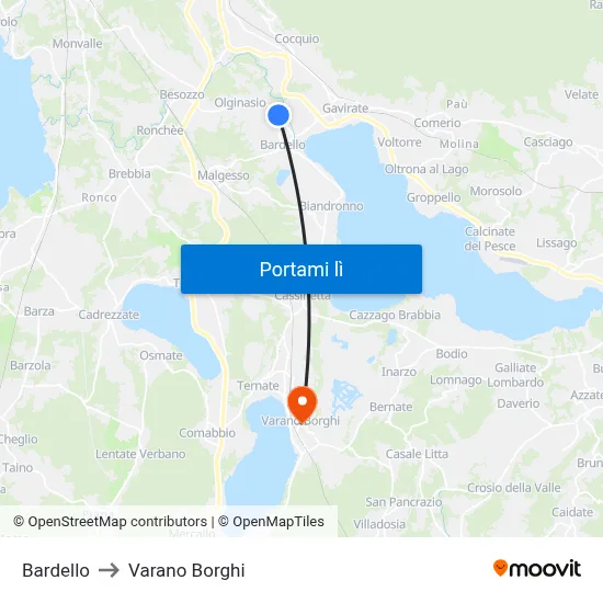 Bardello to Varano Borghi map